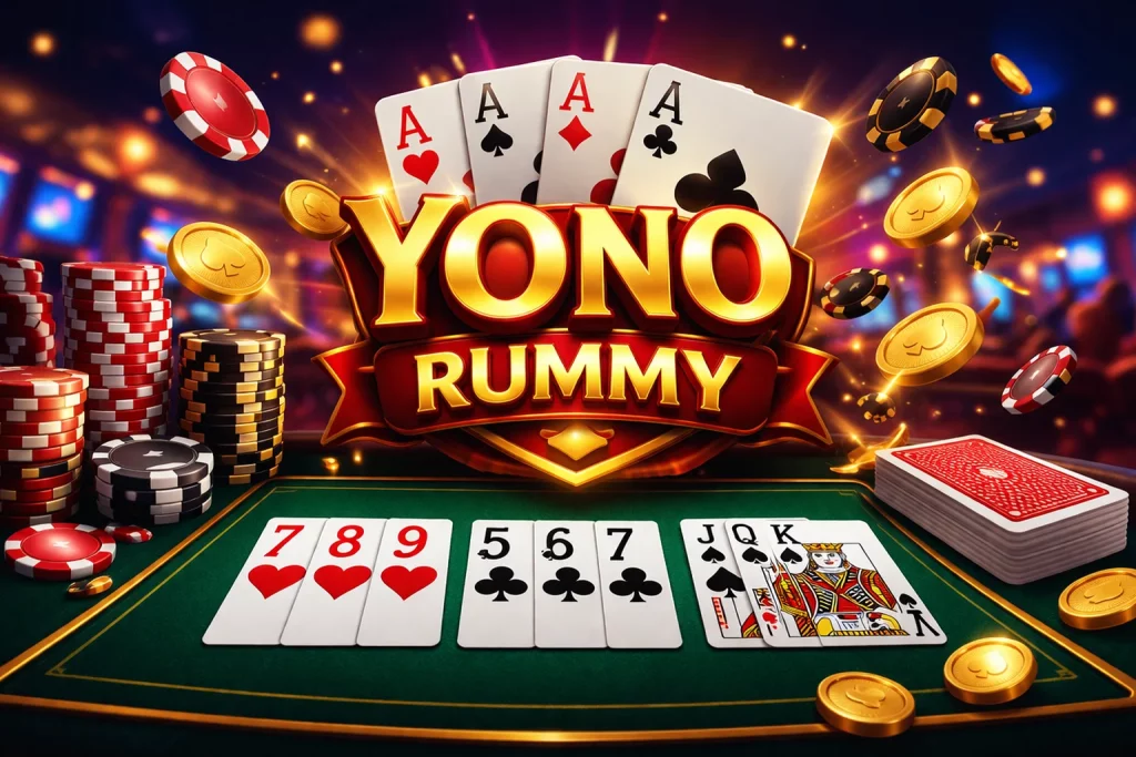 Yono Rummy APK promotional banner with glamorous woman holding four aces, gold coins, poker chips, and download buttons on a vibrant casino background
