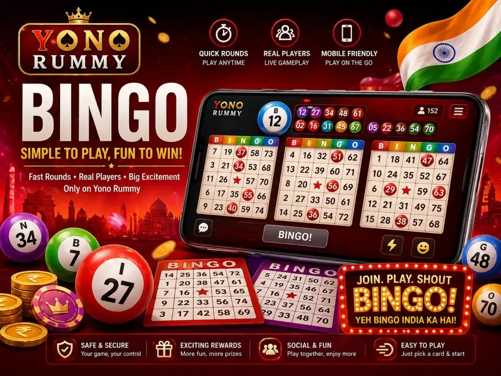 Yono Rummy Bingo India promotional image with mobile bingo game screen, bingo balls, tickets, smartphone gameplay, red gaming theme, and fun online bingo design for Indian players