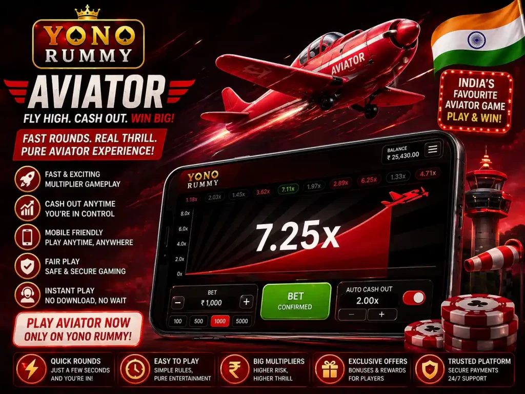 Yono Rummy Aviator India promotional image with red airplane, mobile multiplier game screen, fast cashout design, chips, Indian flag, and red black gaming theme