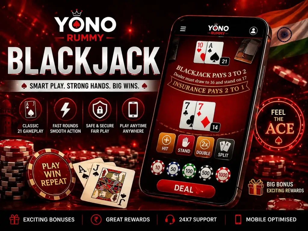 Yono Rummy Blackjack India banner with mobile blackjack table, playing cards, chips, ace hand, coins and red premium casino theme.