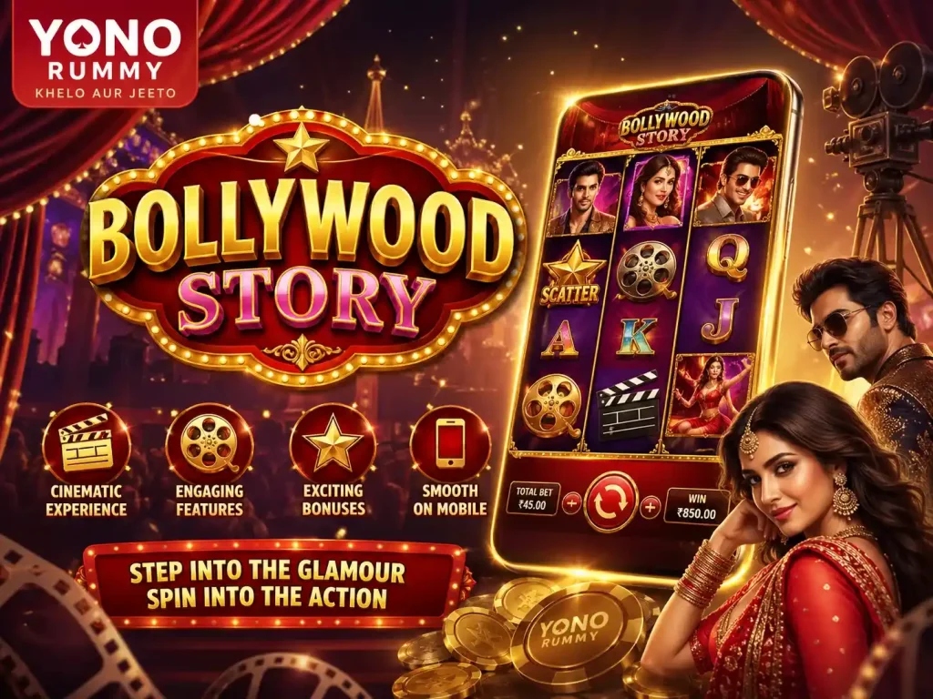 Bollywood Story slot game artwork with cinematic Indian theme, featuring glamorous characters, red and gold stage lights, and a mobile slot interface on Yono Rummy platform