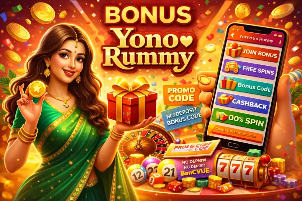 Yono Rummy bonus illustration for India with gift box, gold coins, mobile offers screen, casino chips and vibrant gaming background.