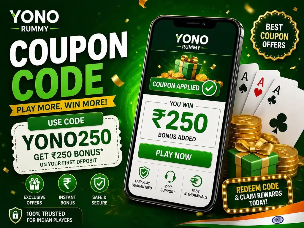 Yono Rummy Coupon Code India promotional image with mobile coupon screen, bonus reward, rupee coins, gift box, playing cards, and green white offer theme.