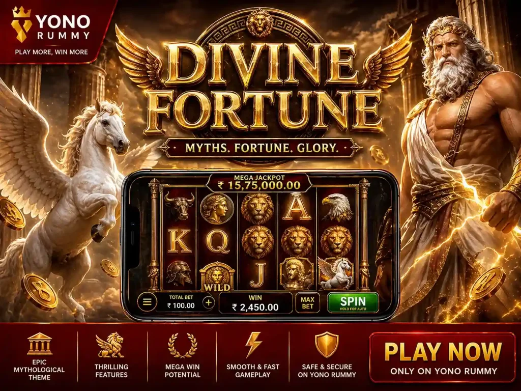 Divine Fortune slot game artwork with mythological theme, featuring golden Greek gods, Pegasus, glowing symbols, and mobile slot interface on Yono Rummy platform