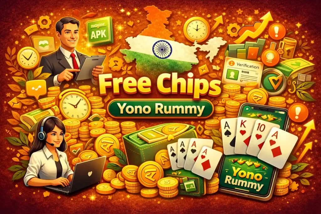 Yono Rummy Free Chips India illustration with free rewards, mobile rummy app, coins, verification icons, support service and secure gaming elements on a 4:3 banner background