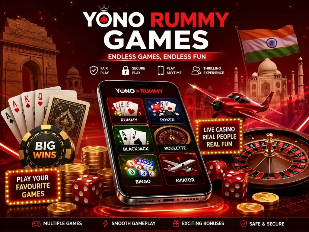 Yono Rummy Games India banner with mobile gaming screen, roulette wheel, cards, poker chips, bingo balls, aviator plane, coins and red premium theme.