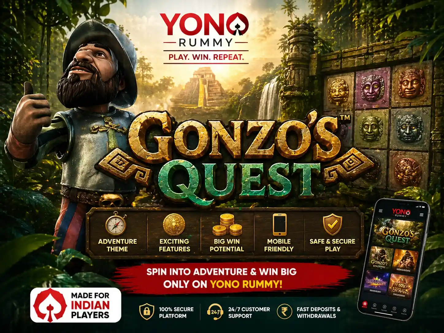 Gonzo’s Quest Yono Rummy India promotional image with jungle temple adventure theme, explorer character, golden coins, mobile game screen, and immersive slot gameplay design