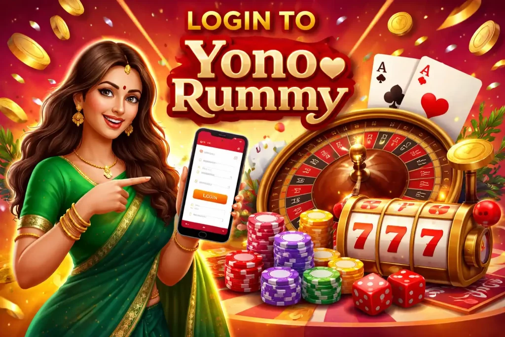 Yono Rummy login illustration for India with mobile login screen, playing cards, casino chips and vibrant gaming background.