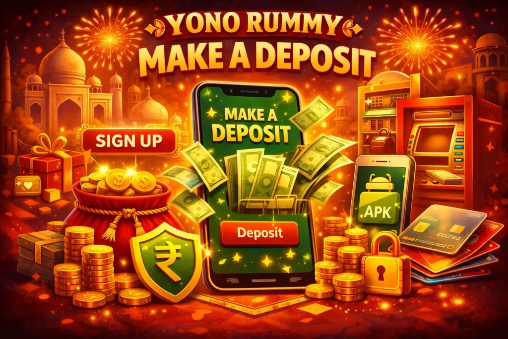Yono Rummy make a deposit illustration with mobile payment screen, coins, rupee shield, bank card, ATM, secure wallet elements, and festive India-inspired background.