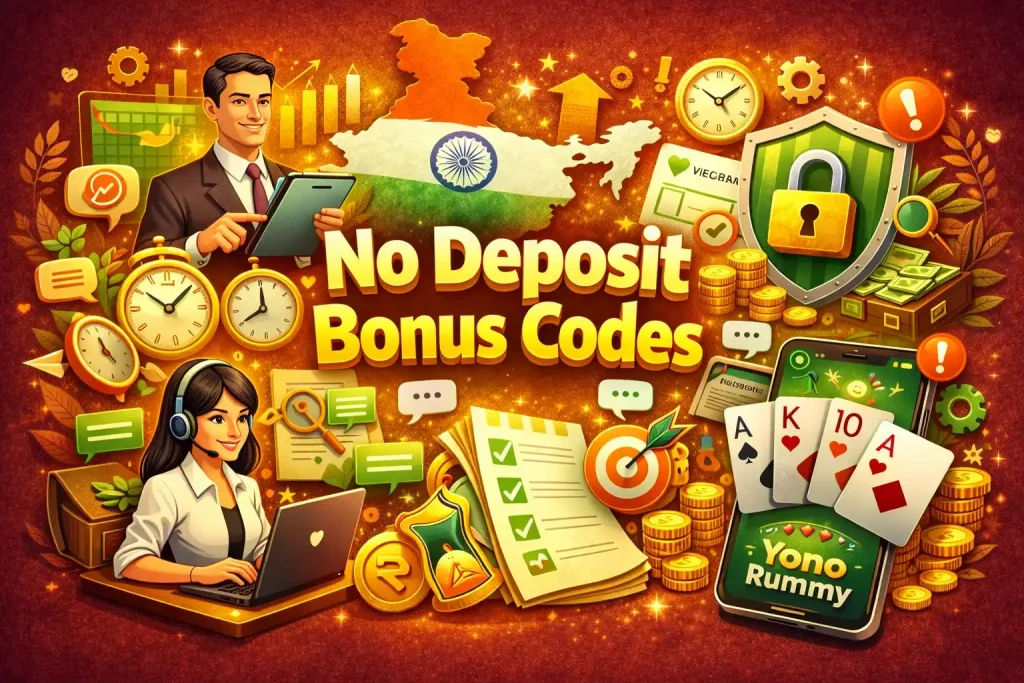 Yono Rummy No Deposit Bonus Codes India illustration with promo rewards, mobile rummy app, secure bonus shield, clocks, support service, coins and trust elements on a 4:3 banner background
