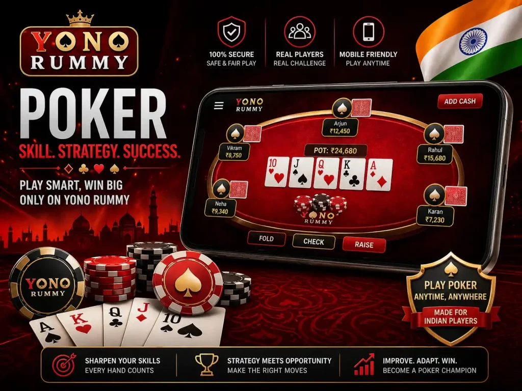 Yono Rummy Poker India promotional image with mobile poker table, cards, chips, smartphone gameplay screen, red gaming theme, and strategic online poker design for Indian players