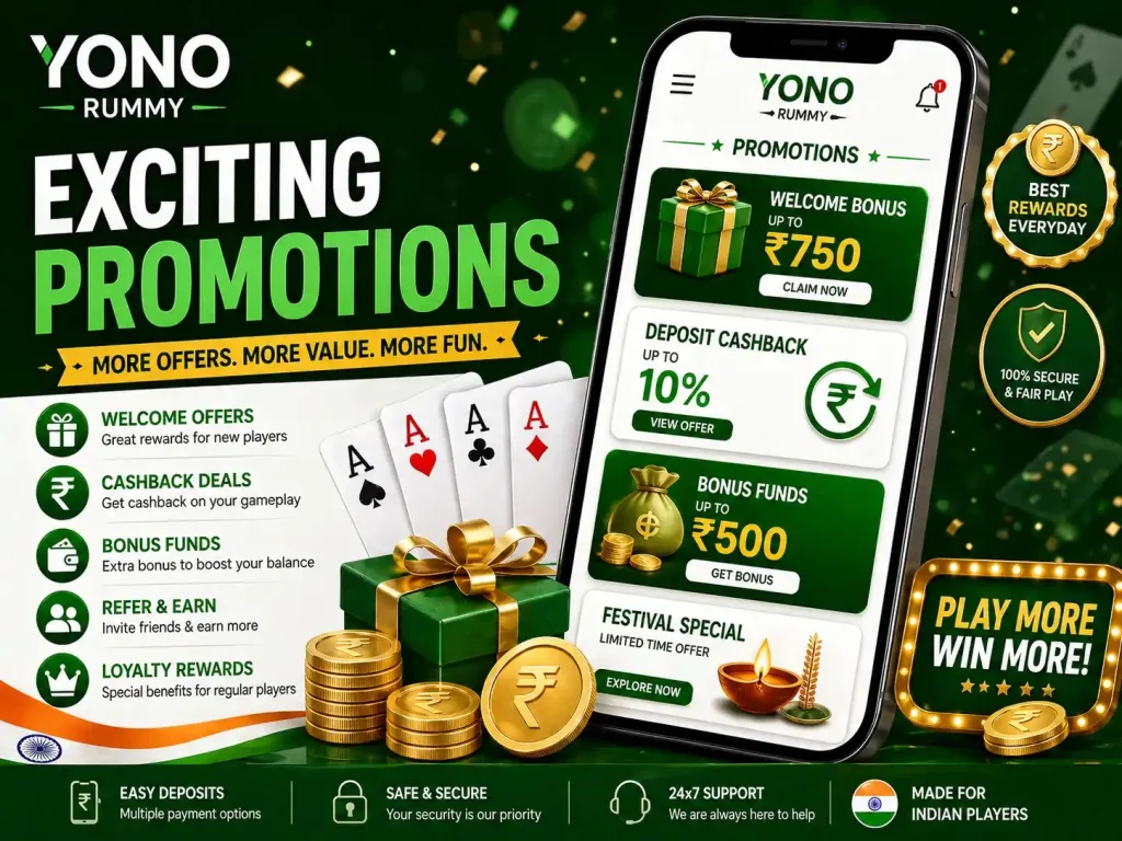 Yono Rummy Promotions India promotional image with mobile offers screen, welcome bonus, cashback deals, bonus funds, rupee coins, gift box, and green white reward theme.
