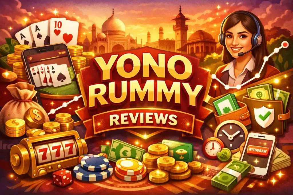 Yono Rummy Reviews India promotional image with cards, coins, wallet, security icons, smartphone screens, support headset, rating graph, and rummy platform elements in 4:3 format