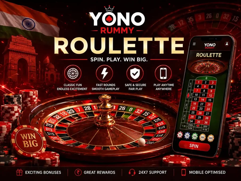Yono Rummy Roulette India banner with roulette wheel, mobile roulette screen, chips, spinning ball, coins and red premium casino theme.