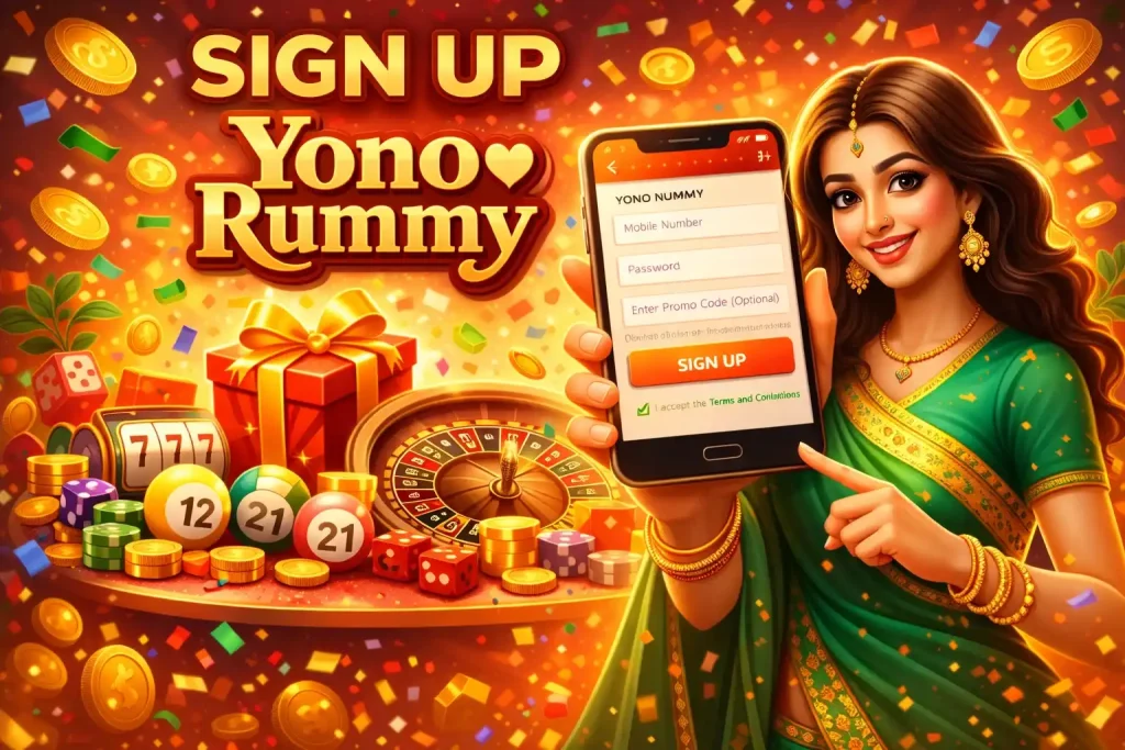 Yono Rummy sign up illustration for India with mobile registration screen, gift box, gold coins, casino chips and vibrant gaming background.