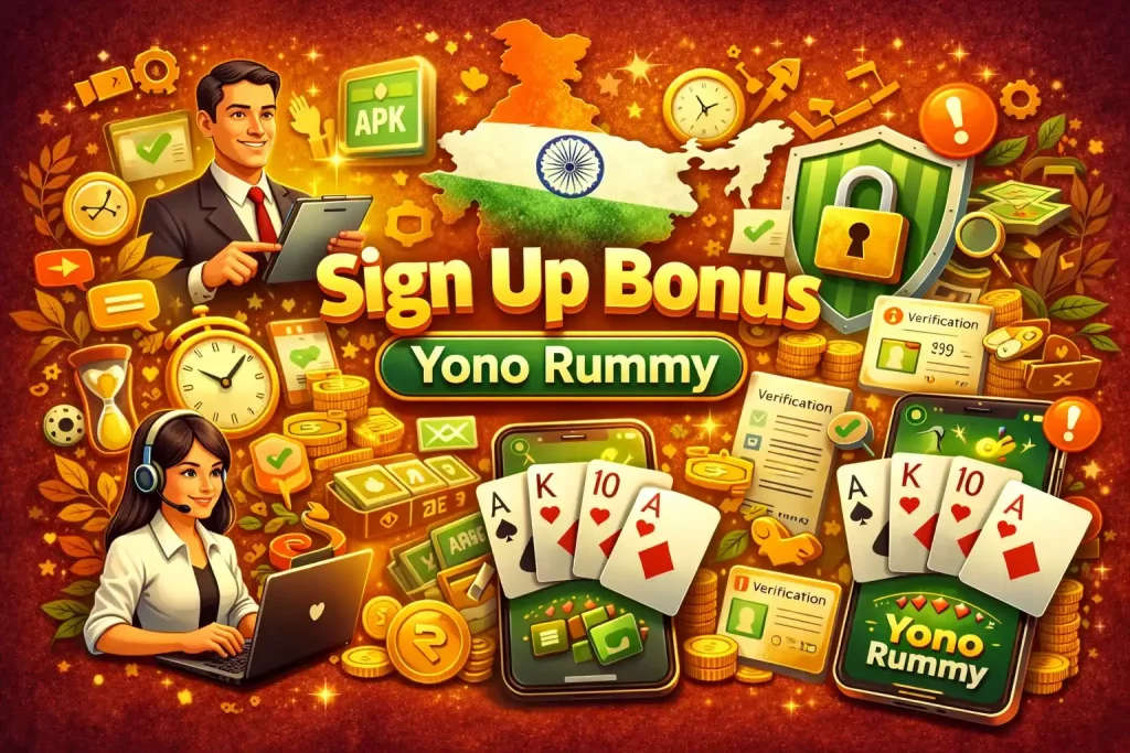 Yono Rummy Sign Up Bonus India illustration with welcome rewards, mobile rummy app, verification icons, secure shield, coins, clocks and support service on a 4:3 banner background