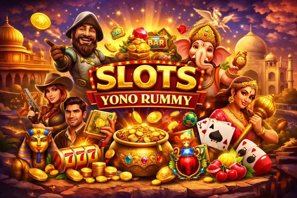Yono Rummy slots illustration for India with reels, gold coins, casino symbols, themed slot characters and vibrant gaming background.