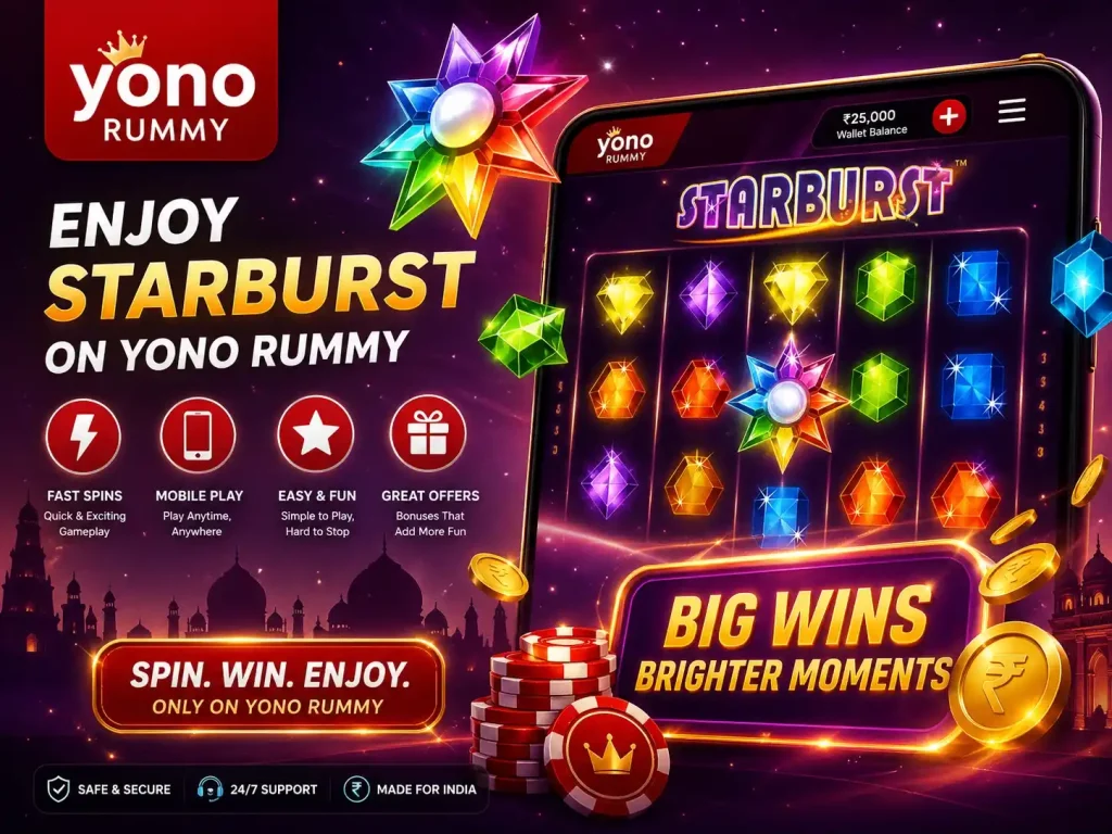 Starburst Yono Rummy India promotional image with colorful gem slot reels, smartphone casino screen, coins, neon cosmic background, and vibrant mobile gaming theme
