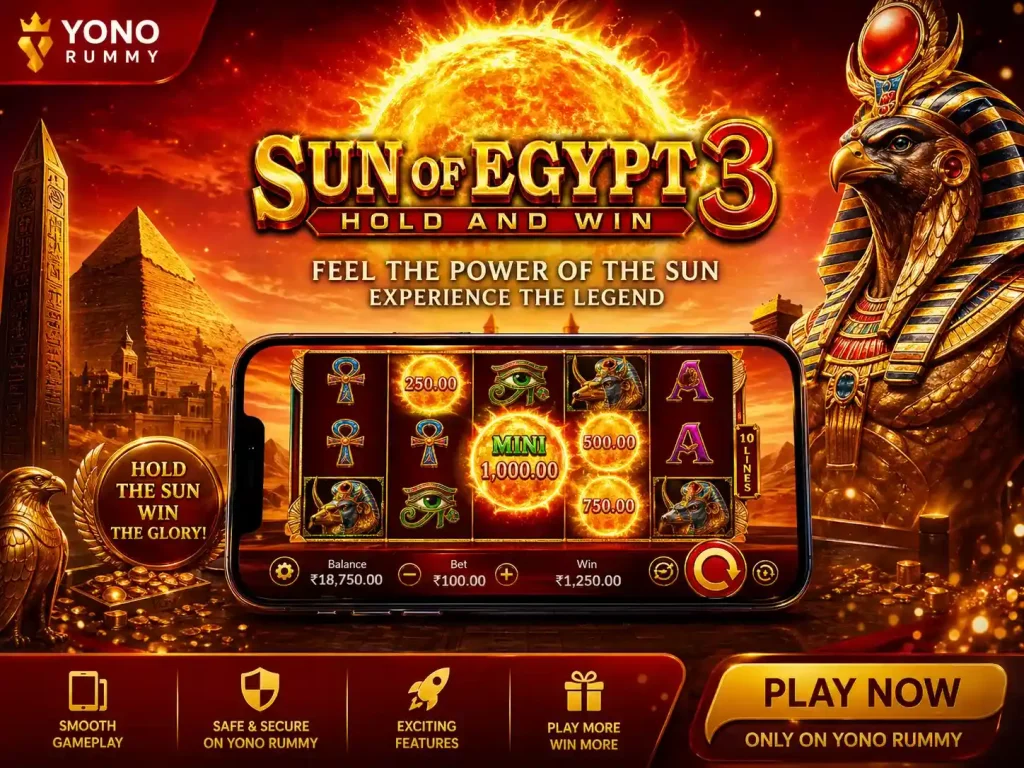 Sun of Egypt 3 slot game artwork with ancient Egyptian theme, featuring glowing sun, pyramids, golden statues, and a mobile slot interface on Yono Rummy platform