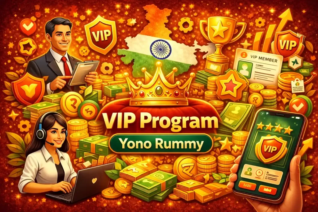 Yono Rummy VIP Program India illustration with premium rewards, VIP shield, crown, coins, member status icons and mobile rummy app on a 4:3 banner background