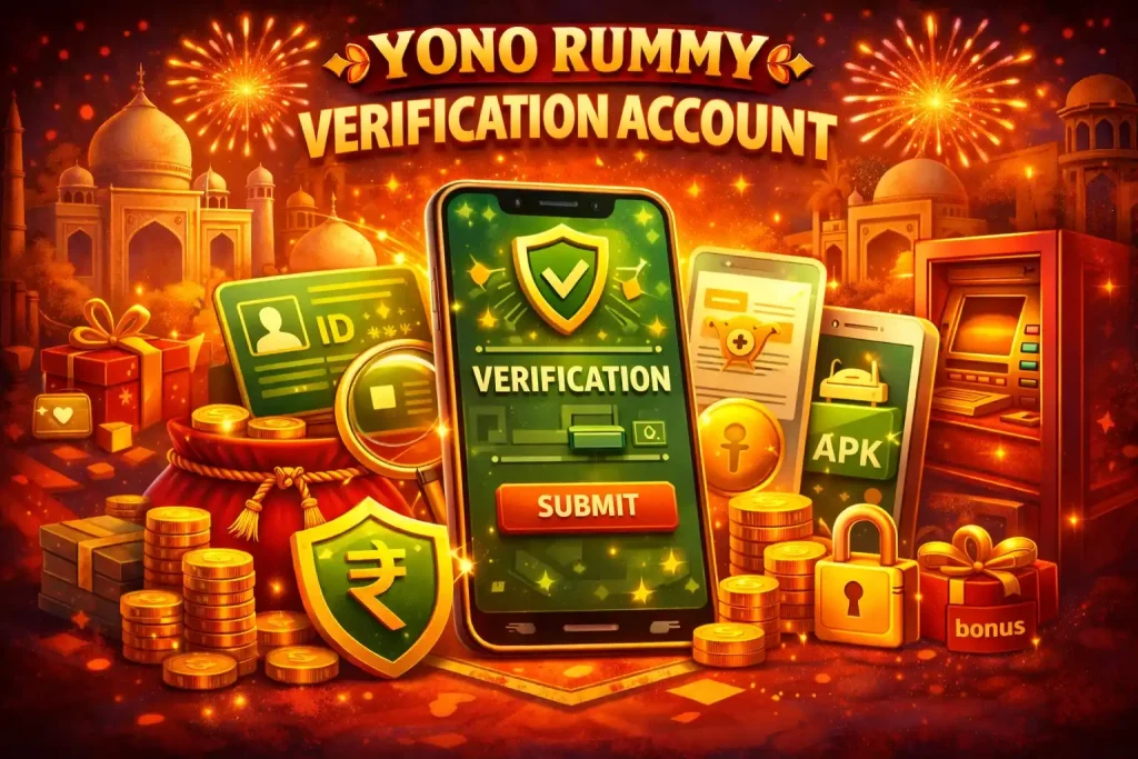 Yono Rummy verification account illustration with mobile ID check screen, security shield, documents, lock icon, coins, secure account elements, and festive India-inspired background.