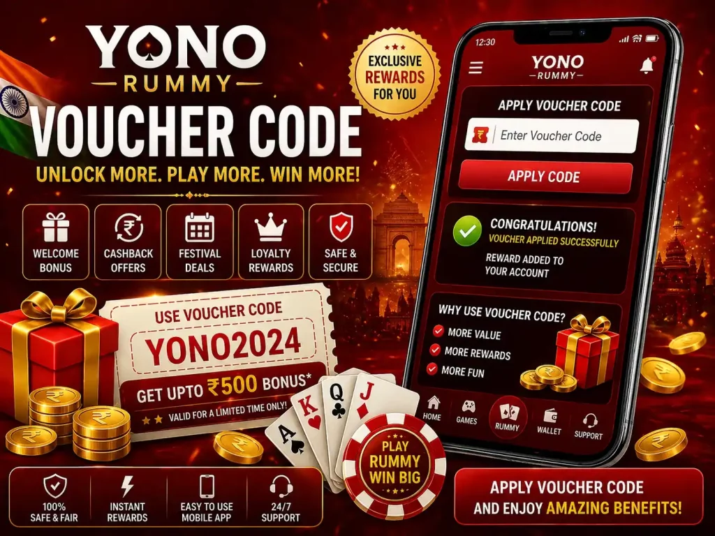Yono Rummy Voucher Code India banner with mobile voucher screen, cashback rewards, gift box, coins, playing cards and red premium theme.