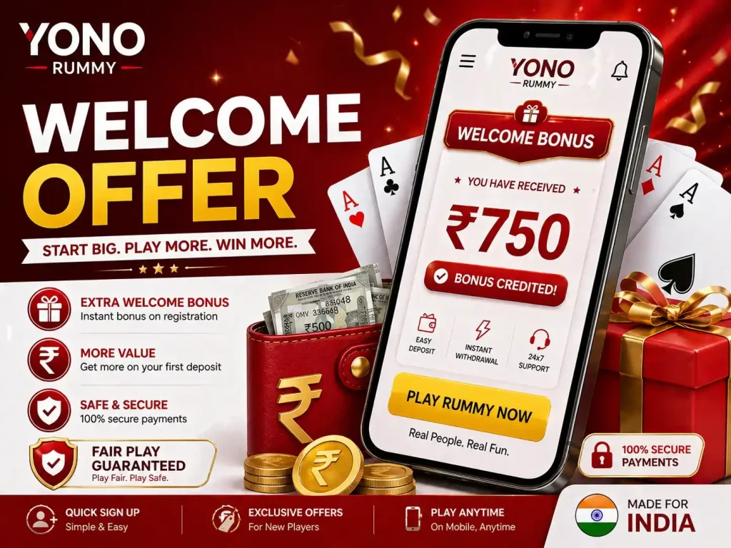 Yono Rummy Welcome Offer India promotional image with mobile welcome bonus screen, rupee coins, wallet, gift box, playing cards, and red white reward theme.