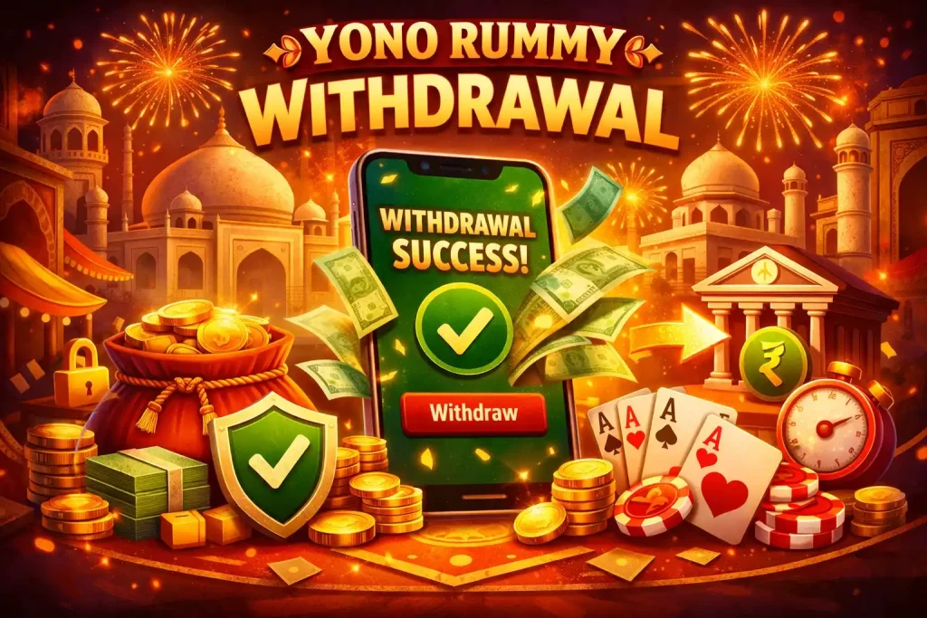 Yono Rummy withdrawal illustration with mobile cashout screen, coins, rupee symbol, bank transfer icon, cards, security shield, and festive India-inspired background.
