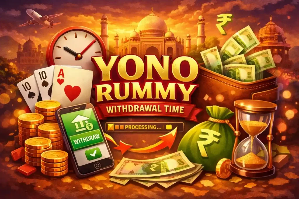 Yono Rummy Withdrawal Time India promotional image with smartphone payout screen, clock, rupee symbols, cards, cash, coins, hourglass, and fast payment theme in 4:3 format