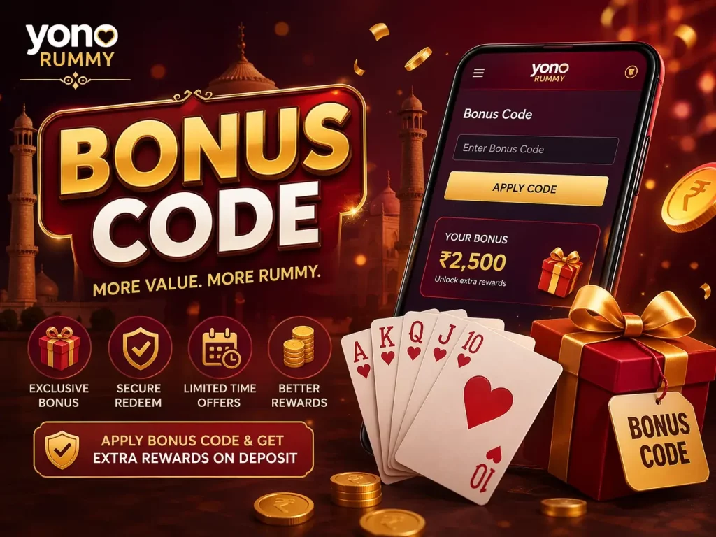 Yono Rummy Bonus Code India banner with smartphone app interface, playing cards, rupee coins, gift box, and red gold casino-style background showing bonus rewards activation