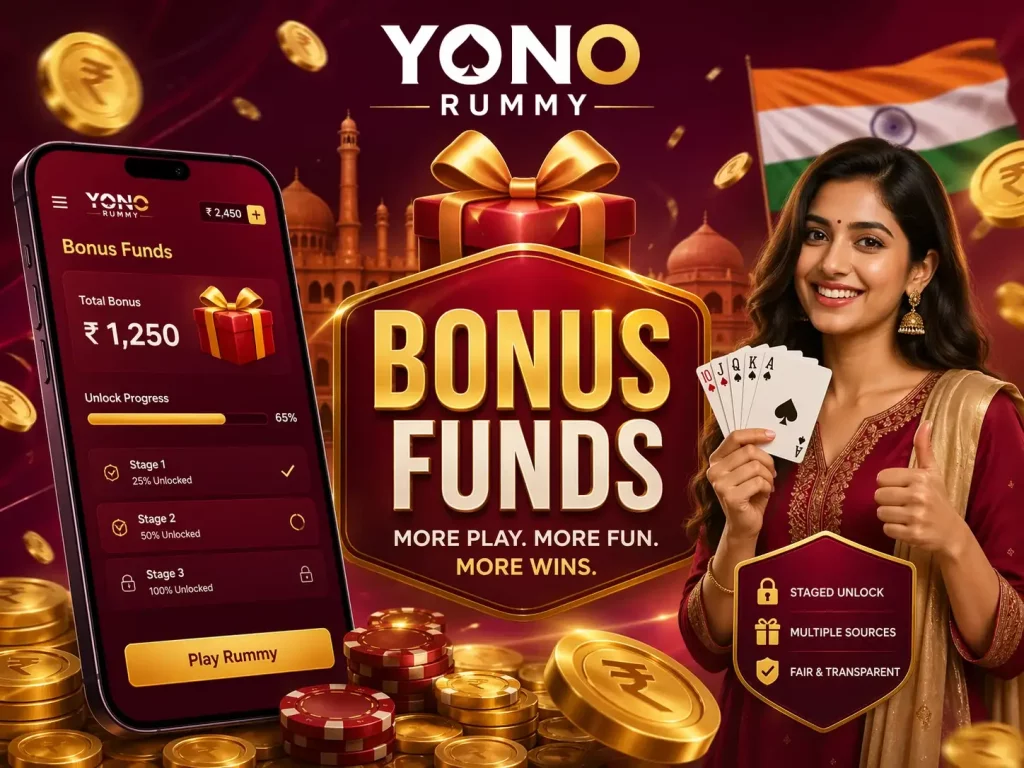 Yono Rummy Bonus Funds India banner with smartphone interface, staged unlock progress, playing cards, rupee coins, and red gold theme illustrating bonus funds system