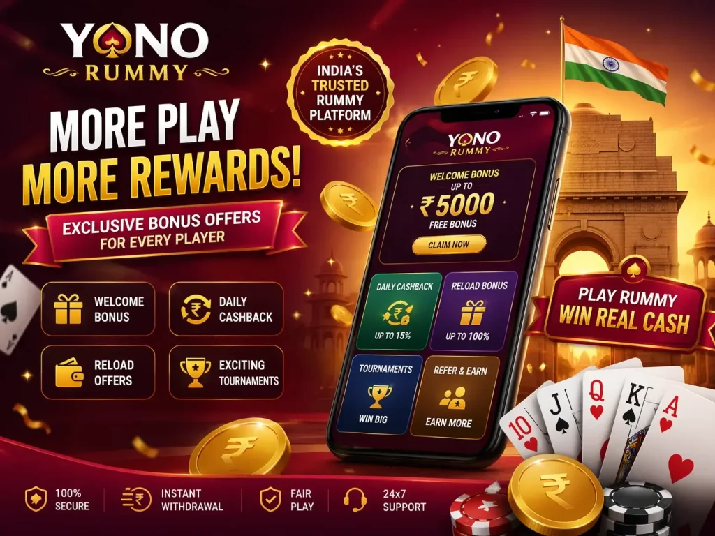 Yono Rummy bonus offers India promotion with smartphone app screen, welcome bonus ₹5000, cashback, reload rewards, tournaments and playing cards in red premium casino style