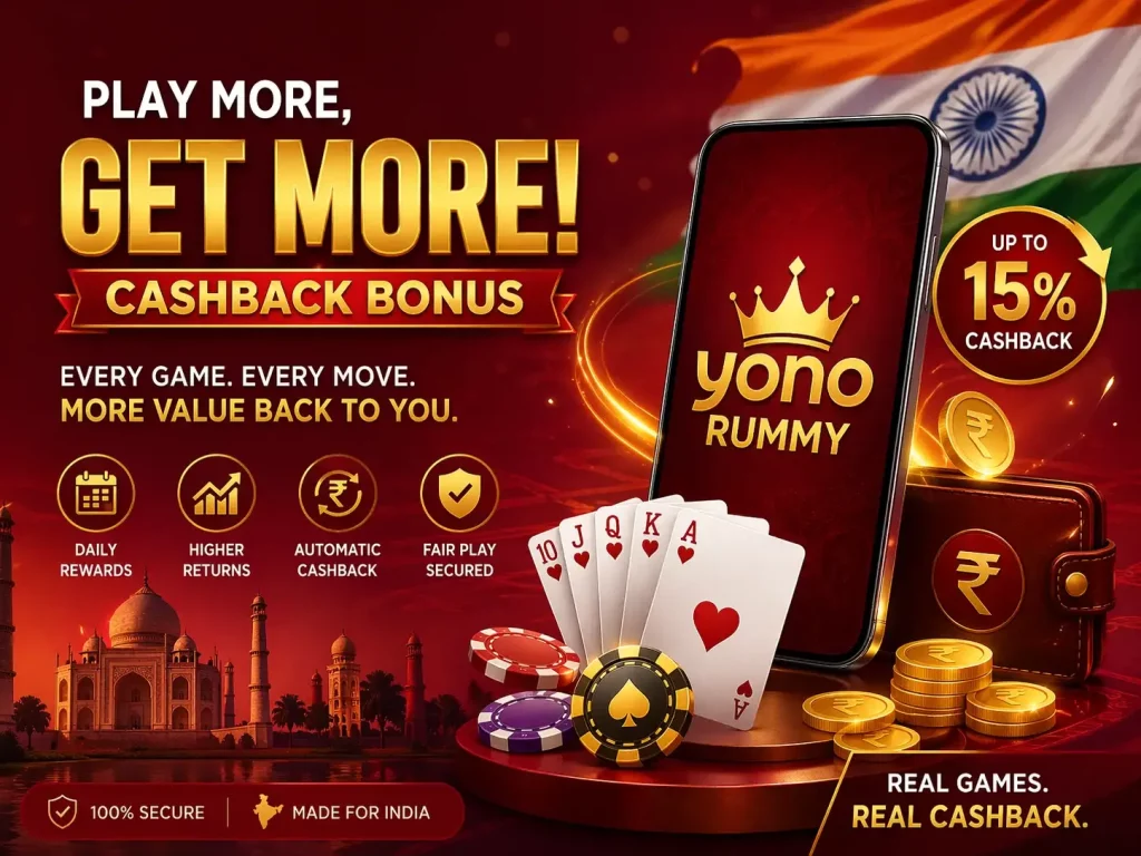 Yono Rummy Cashback Bonus India banner with smartphone app, playing cards, rupee coins, and red gold theme showing up to 15% cashback rewards