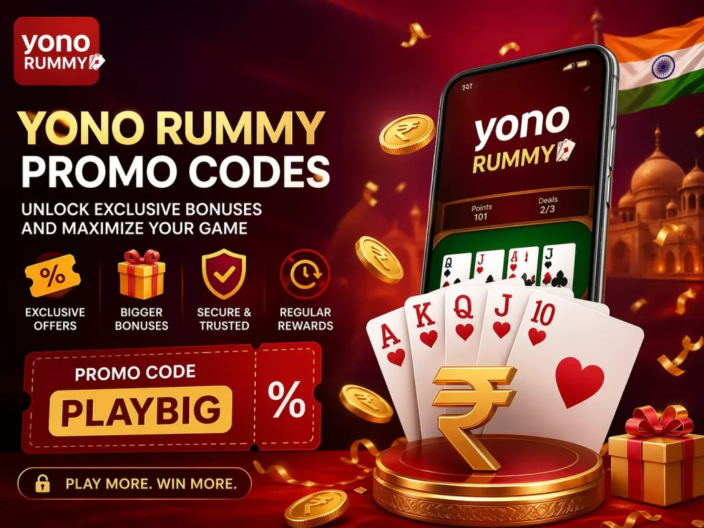 Yono Rummy promo codes India banner with smartphone app, playing cards, rupee coins, and red-gold casino style background showing bonus rewards and coupon offer