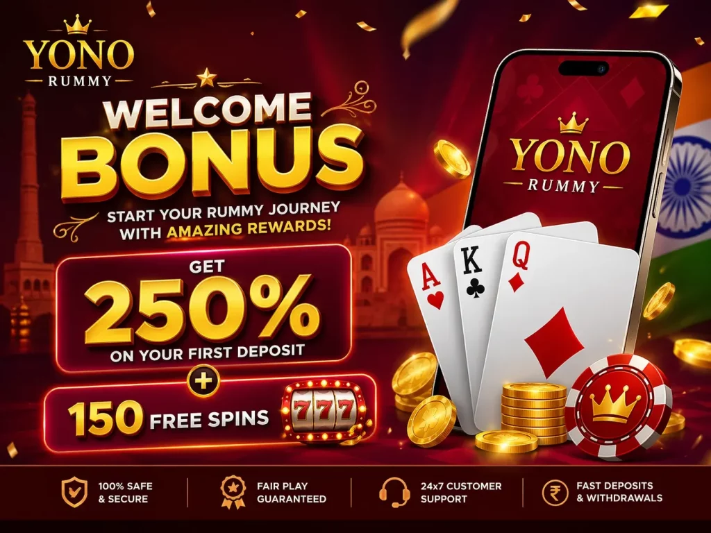 Yono Rummy welcome bonus banner featuring 250% first deposit offer and 150 free spins with playing cards and mobile app interface