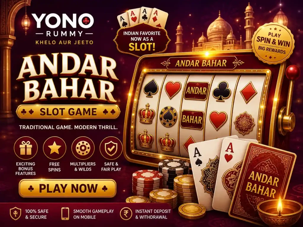 Andar Bahar slot game scene for Yono Rummy India featuring reels, playing cards, chips, and rich maroon-gold casino style interface