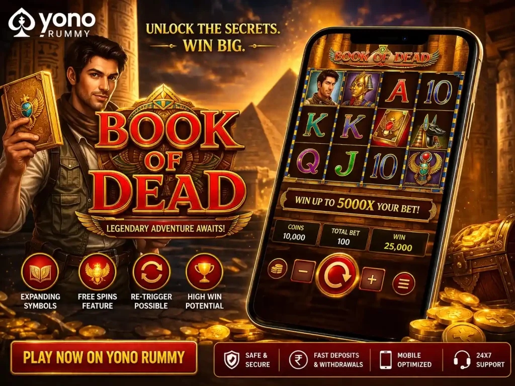 Book of Dead slot-style game scene on Yono Rummy, Egyptian theme with golden temples and ancient symbols, expanding icon feature on smartphone screen, glowing gold and red tones, dynamic mobile gameplay, treasure and hieroglyphic background, 4:3 image