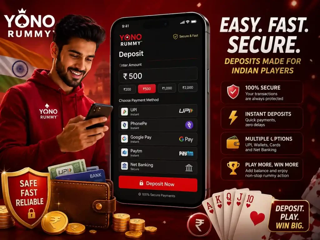 Yono Rummy deposit banner with secure mobile payments, Indian gaming wallet interface, smartphone transaction system, red casino theme, and digital rummy gameplay atmosphere