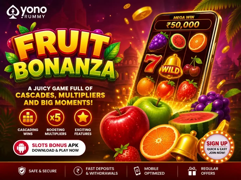 Fruit Bonanza slot-style game scene on Yono Rummy, colorful fruit symbols with cascading effects and multipliers, bright red and gold theme, mobile gameplay interface on smartphone, vibrant Indian-inspired background, energetic casino-style atmosphere, 4:3 image