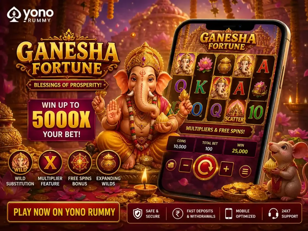 Ganesha Fortune slot-style game scene on Yono Rummy, vibrant Indian temple setting with Lord Ganesha, golden coins and lotus symbols, colorful reels with multipliers and free spins on smartphone screen, festive red and gold atmosphere, 4:3 image