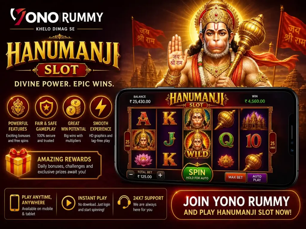 Hanumanji slot game scene for Yono Rummy India showing mobile gameplay with reels, golden temple theme, coins, and vibrant red-gold interface