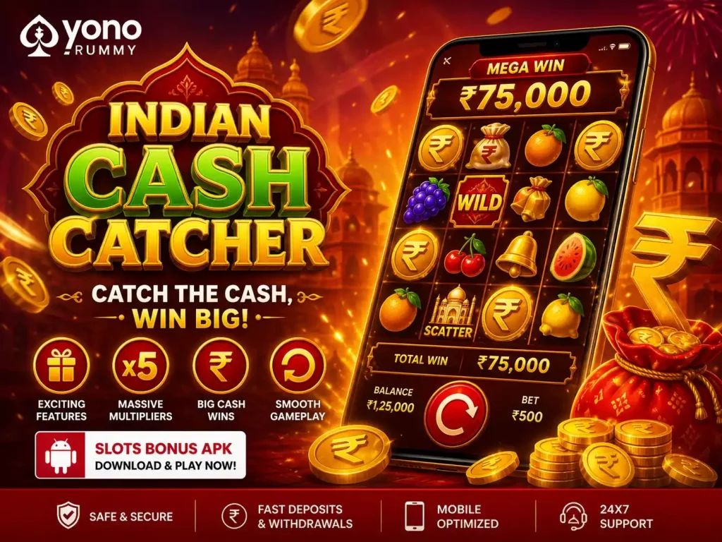 Indian Cash Catcher slot-style game scene on Yono Rummy, vibrant red and gold theme with rupee coins, cascading symbols and multipliers on smartphone screen, Indian-inspired background with festive atmosphere, dynamic mobile gameplay, 4:3 image