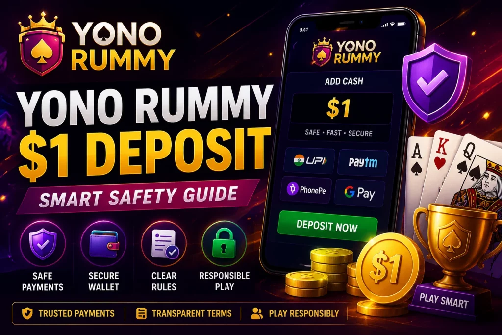 Rectangular banner for Yono Rummy $1 Deposit safety guide with premium dark casino-style background, rummy cards, payment safety elements and bright gold-blue accents.