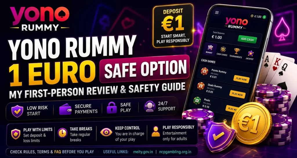Yono Rummy 1 Euro safe option banner with mobile rummy app, cards, casino chips, golden euro coin, and responsible play icons.